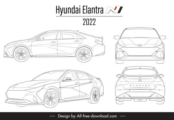 hyundai elantra n 2022 car model advertising template black white handdrawn different views outline