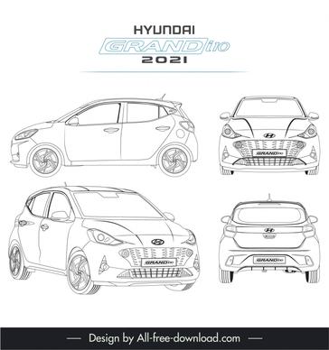 hyundai grand i10 2021 car models advertising template black white handdrawn different views outline
