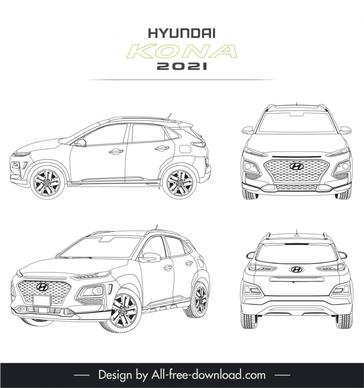 hyundai kona 2021 car model advertising template black white handdrawn different views outline