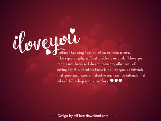 i love you without knowing how or when or from where quotation banner template calligraphic texts blurred hearts decor