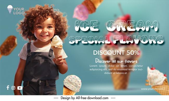 ice cream discount  banner template cute kid smiling