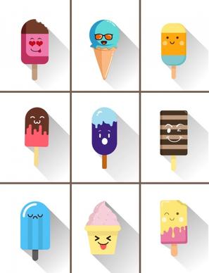 ice cream icons collection cute stylized emotional faces