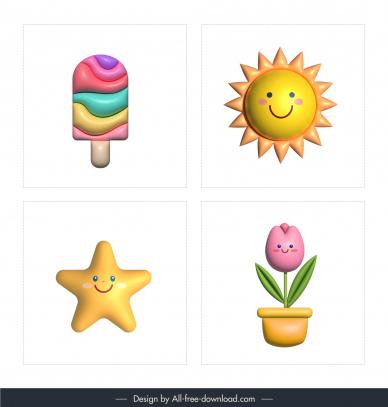 ice cream sun star tulip icons modern 2d to 3d  