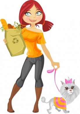 lifestyle icon shopping girl dog pet sketch