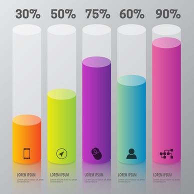infographic design with colorful vertical cylinders and percentage