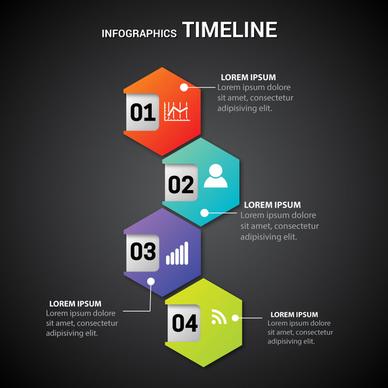 infographic timeline illustration with hexagons on dark background