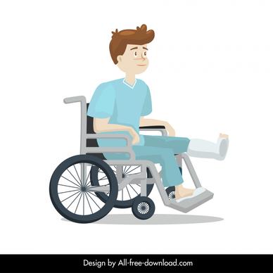 injured man icon on wheelchair plaster cast sketch cartoon design 