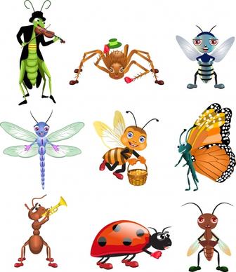 insect icons stylized cartoon design colored modern design