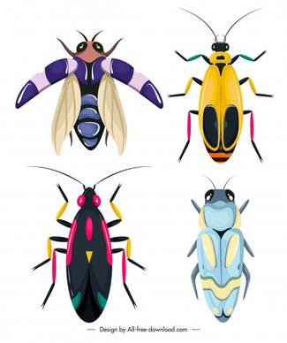 insecta bug icons colorful flat sketch