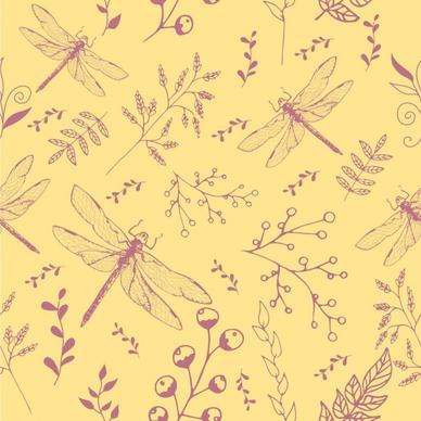 insects background flowers dragonfly icon repeating colored sketch