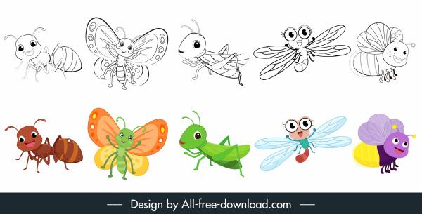 insects icons cute cartoon sketch