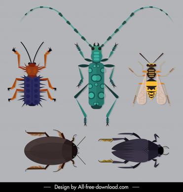 insects species icons colored flat sketch