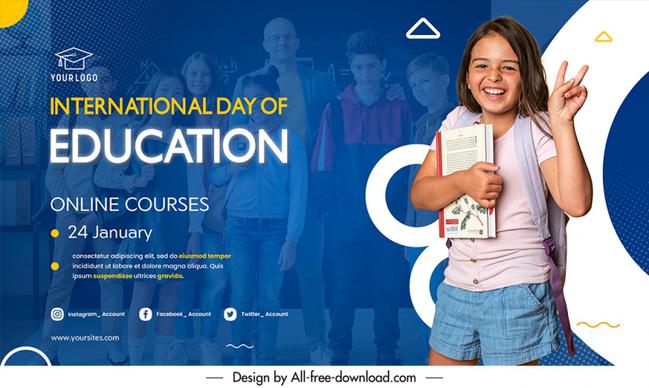 international day education banner template dynamic cute girl sketch dynamic realistic