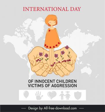 international day of innocent children victims of aggression poster template small girl holding hands flowers global map sketch
