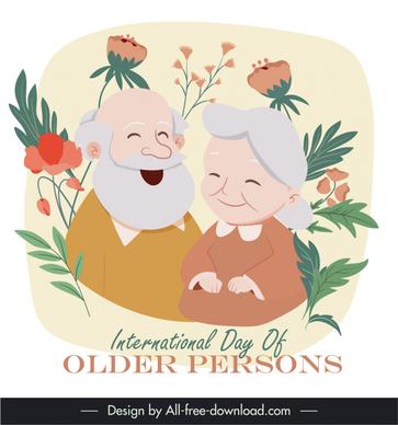 international day of older persons poster template flat classical cartoon couple leaf flowers decor