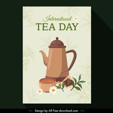 international tea day poster retro tea pot cup flower leaf decor