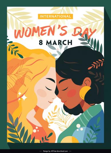 international womens day poster template flat lady faces leaf classic