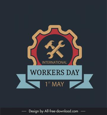   international workers day banner template flat classical ribbon gear hammer wrench tool sketch