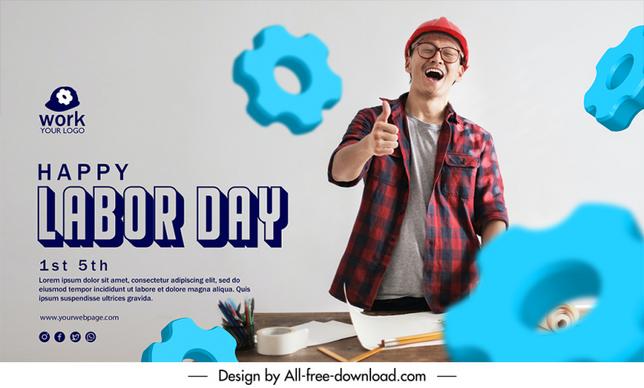 international workers day banner template happy man dynamic 3d gears decor