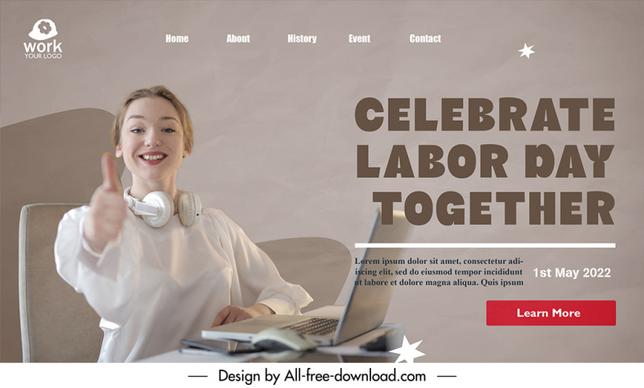  international workers day landing page template happy office woman sketch modern realistic