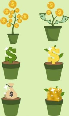 investment design elements pot tree coins gold icons