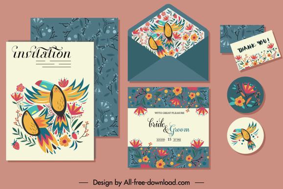 invitation card template natural birds flowers sketch