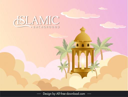 islam background template bright elegant arabic architecture coconut tree cloud decor