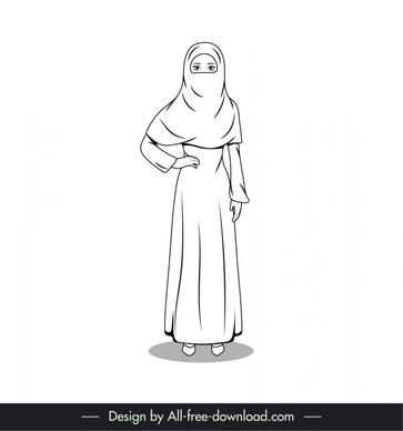 islamic lady icon elegant back white cartoon character outline  