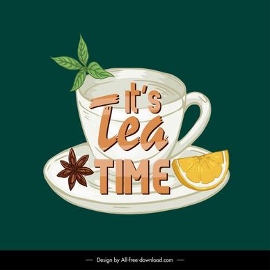 it is tea time banner template classical elegant cup lemon leaf star aniseed sketch 