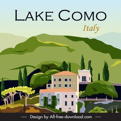 italian lake como advertising poster template classical mountain architectures sketch 