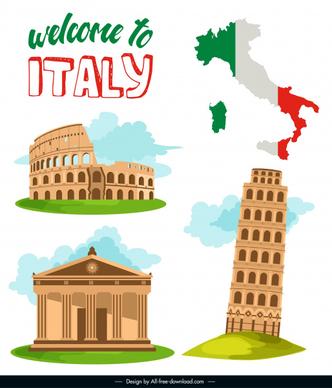 italy tourism banner retro architectures flag map sketch
