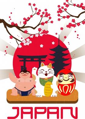 japan advertising banner sakura sumo cat sun icons
