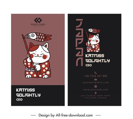 japan business card template dark retro handdrawn design stylized cat carp lantern outline 