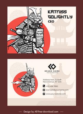 japan business card template frightening armor warrior sketch retro handdrawn outline 