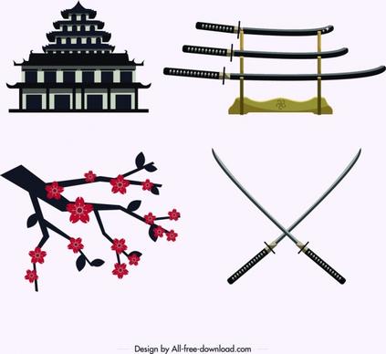 japan design elements castle sword sakura icons