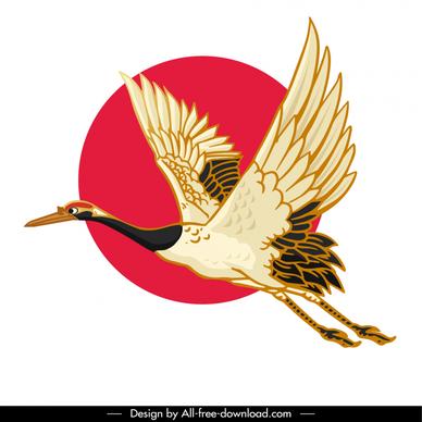 japan design elements flying crane bird sun outline