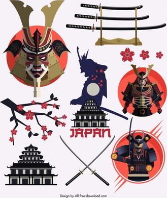 japan design elements samurai sword cherry icons