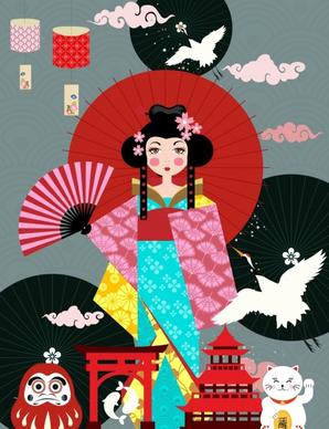 japan design elements traditional icons colored cartoon design