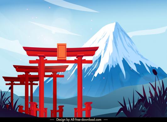 japan landscape backdrop template elegant classical temple gate snow mountain sketch 