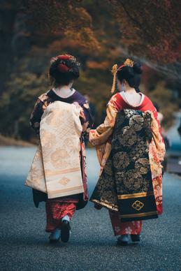 Japan picture women in traditional kimono costumes