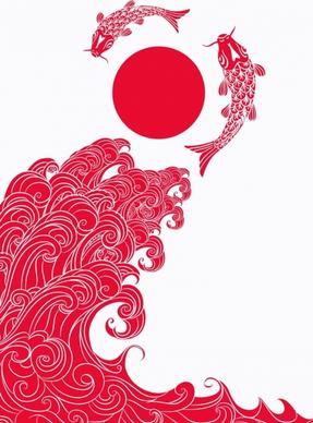 japan traditional background red design wave carps icons