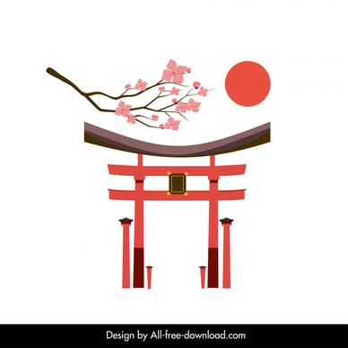 japanese design elements temple gate sakura flower sun sketch