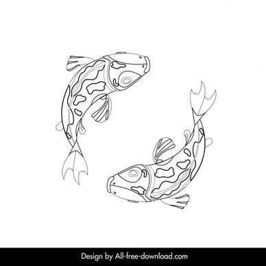 japanese koi fish icon dynamic black white handdrawn outline  