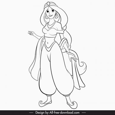 jasmine cartoon character icon beautiful lady in eastern costume black white handdrawn cartoon outline