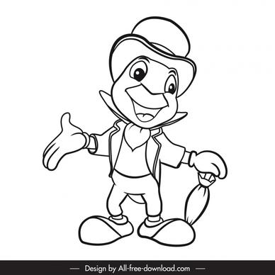 jiminy cricket icon black white sketch handdrawn cartoon character 