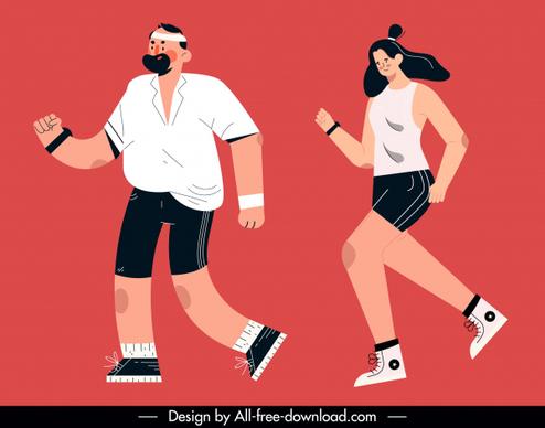 jogging sports icons man woman sketch cartoon design