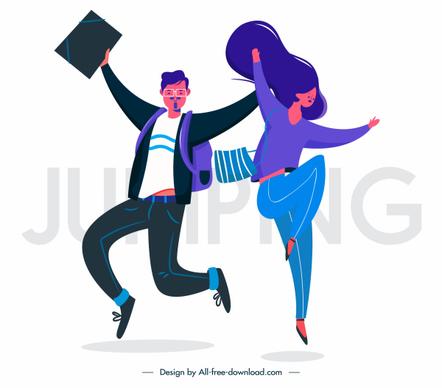 jumping people icons colored cartoon sketch