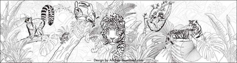 jungle design elements black white handdrawn species outline