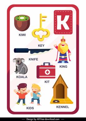 k alphabet education template colorful symbols outline