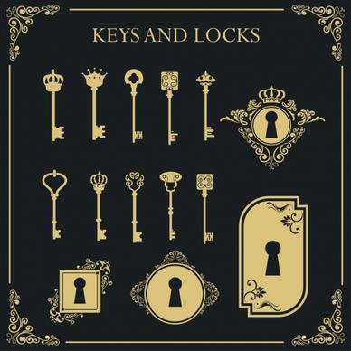 key lock icons sets vintage flat design